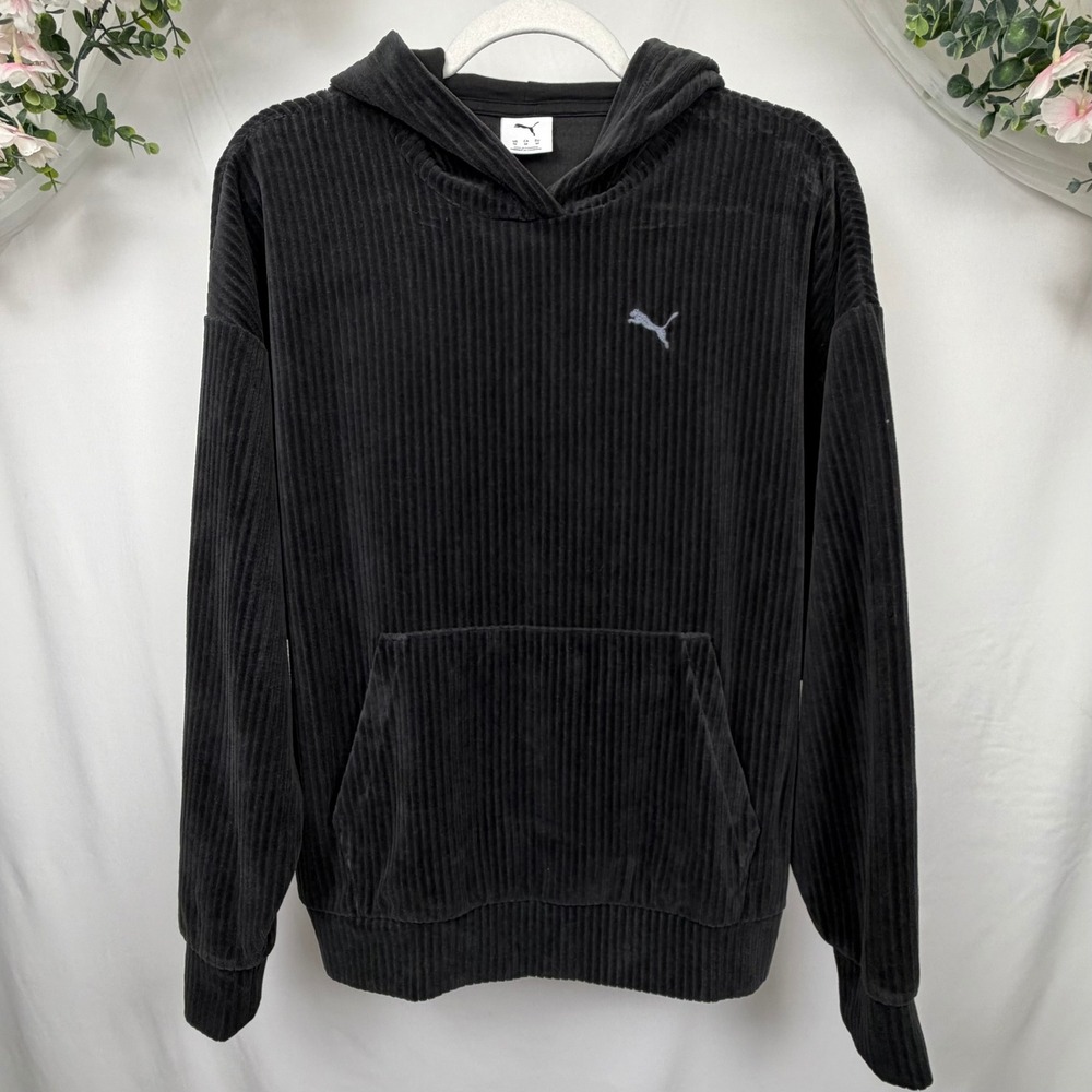 Puma Corduroy Hoodie Black Ribbed Pullover Sweatshirt 688107-01 Mens Medium